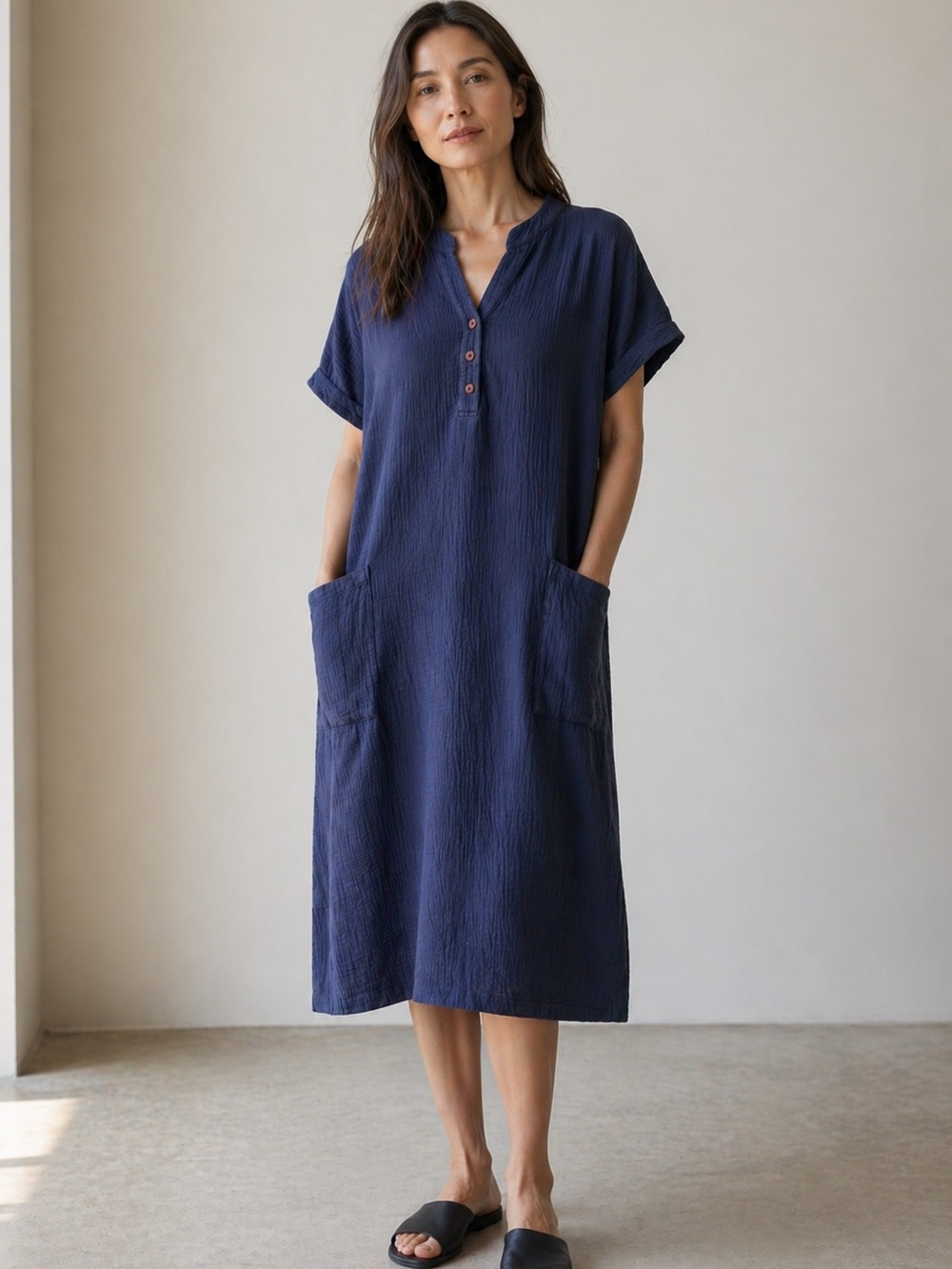 Boutique brand Cotton Gauze flowy short sleeve midi nap dress, navy Size M.